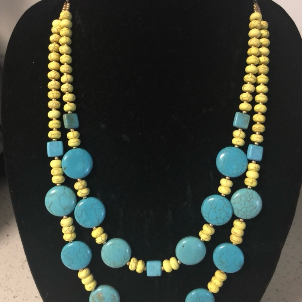 Yellow and Blue Double-Strand Beaded Necklace